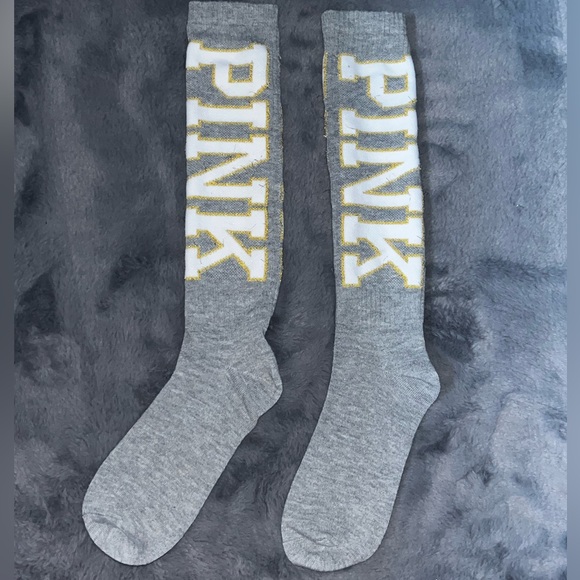 PINK Victoria’s Secret one size grey with white lettering logo socks - Picture 2 of 2
